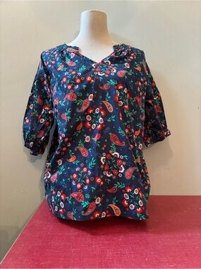 croft & barrow Navy Floral Colorful Paisley 3/4 Sleeve Blouse Top Cotton XL